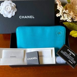 CHANEL Turquoise Camellia Organizer Wallet